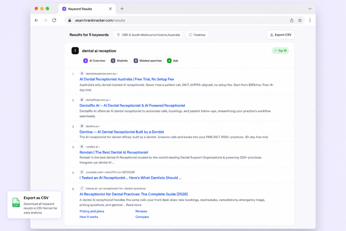 A bulk SERP run inside the app, hundreds of keywords with their positions and an export action