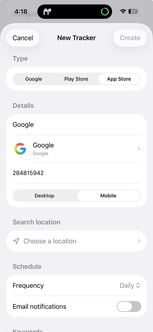 Creating a new keyword tracker in the SearchRankTracker iPhone app