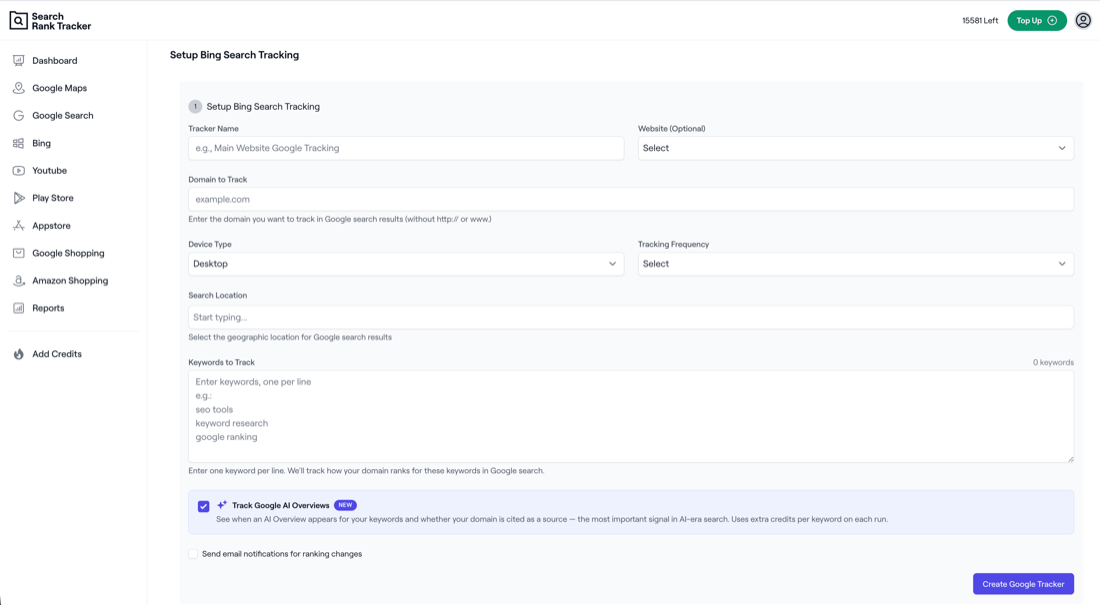 Bing rank tracker setup screen with location, device, and frequency
